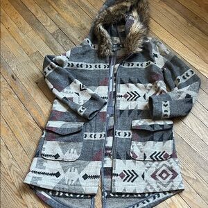 Saks Fifth Avenue Gray Patterned Hooded Coat